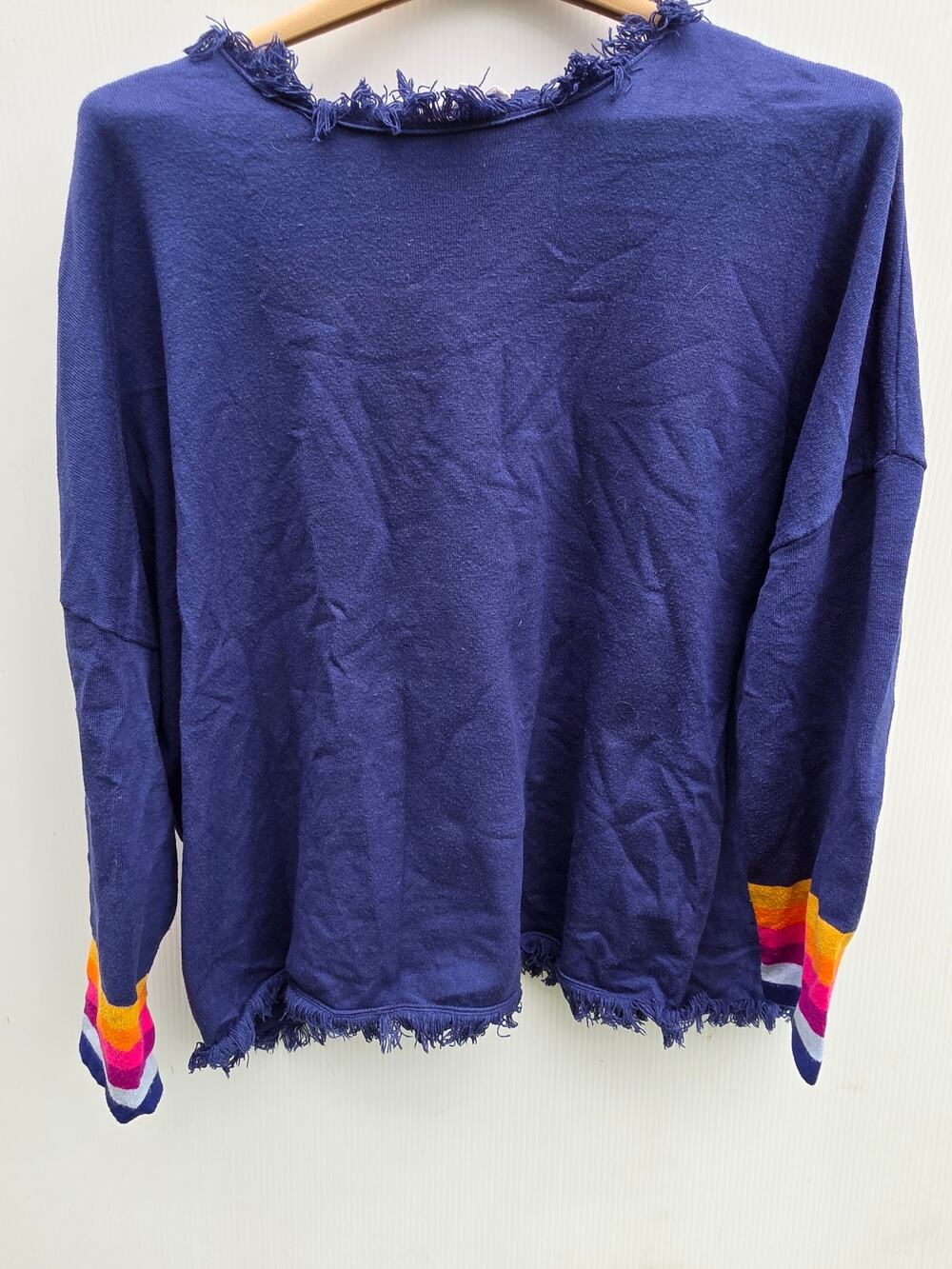 Stylish THML Navy Blue Rainbow Stripe Cuff Fringe Hem Sweater Size Large